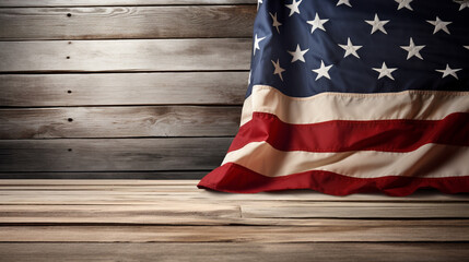 An old american flag on a antique wooden platform, Veterans Day. ai generative