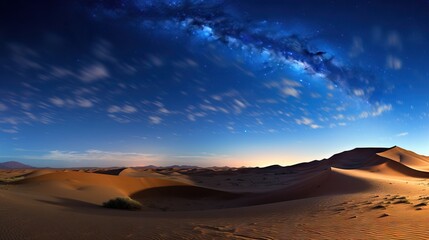 Fototapeta na wymiar Scenic view of a sandy desert under a starry sky at night. The tranquil desert landscape is illuminated by the shimmering stars above, creating a mesmerizing and peaceful scene