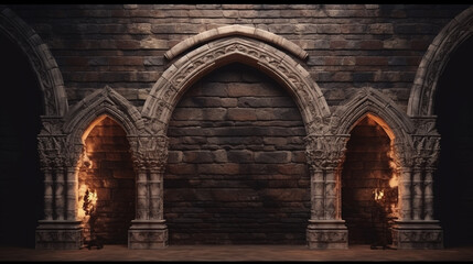 Ancient classic architecture stone arches with flames. ai generative