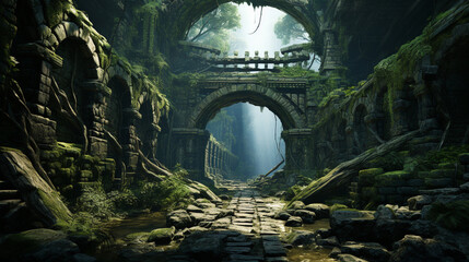 ancient ruins fantasy background. adventurer exploring dangerous and ancient ruins. ai generative - 661701938