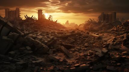 Apocalypse rubble at sunset. Ruins of a city. Apocalyptic landscape. ai generative
