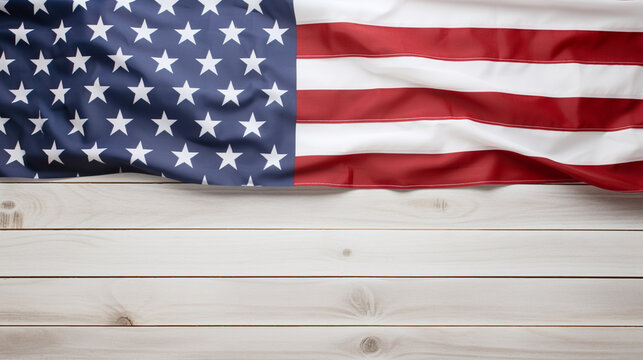 American Flag Over White Wood Background, blank space. ai generative