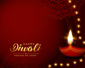 Obraz premium happy diwali red background with burning diya and light festoon vector