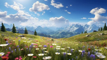 Papier Peint photo Bleu : A panoramic view of a serene alpine meadow dotted with colorful wildflowers.
