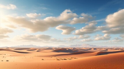 : A panoramic view of a vast desert with towering sand dunes glowing in the warm sunlight.