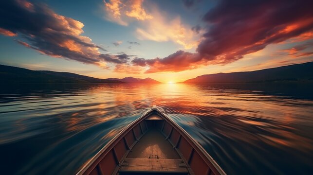 boat running on the water reflecting and an orange sunset