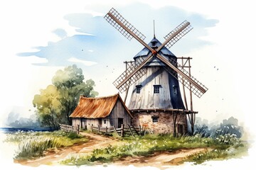 Generative AI : Windmill vintage watercolor hand drawn illustration making bread Rural - obrazy, fototapety, plakaty