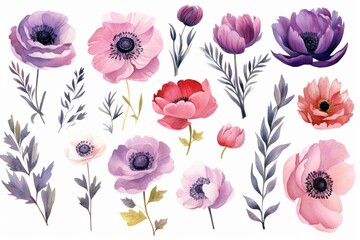 Generative AI : watercolor bouquets set with anemone, peonies flowers and herb  - obrazy, fototapety, plakaty