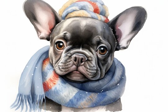 Generative AI : Watercolor French Bulldog Puppy With Cotton Hat