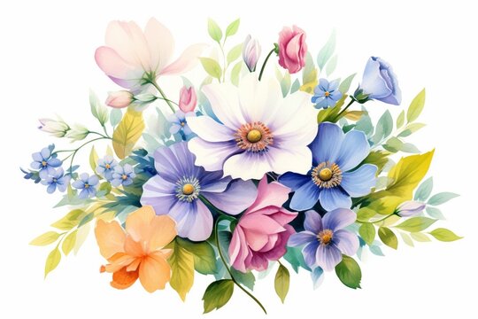 Generative AI : Flowers watercolor illustration. A tender bouquet on a white background.
