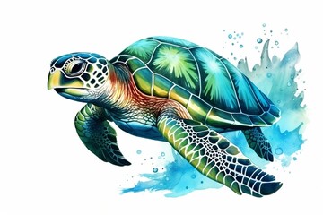 Generative AI : Sea green turtle isolated, set, watercolor illustration on white