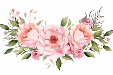 Generative AI : Pink Peach Watercolor Floral Frame Peonies Roses Leaves Isolated on White Background