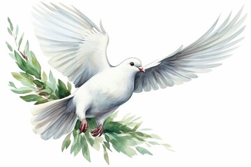 Generative AI : Flying white dove and olive branch watercolor illustration. 