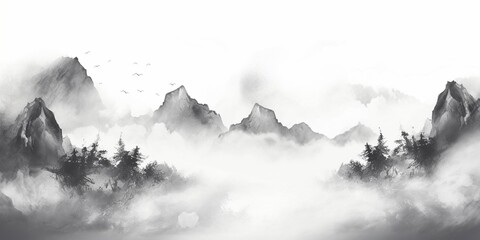 Generative AI : Stylized black ink wash painting of mountains.  - obrazy, fototapety, plakaty