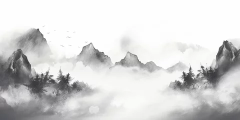 Wandcirkels aluminium Generative AI : Stylized black ink wash painting of mountains.  © The Little Hut