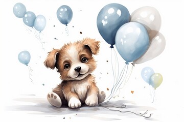 Generative AI : cute party puppy with air balloons, hand drawn cartoon - obrazy, fototapety, plakaty