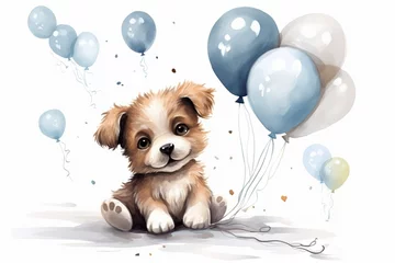 Foto op Canvas Generative AI : cute party puppy with air balloons, hand drawn cartoon © The Little Hut