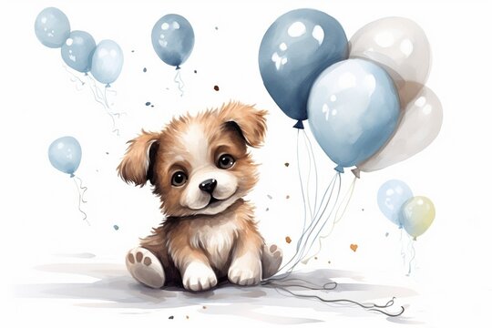 Generative AI : cute party puppy with air balloons, hand drawn cartoon