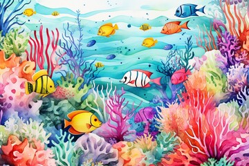 Fototapeta na wymiar Generative AI : Watercolor style cute vibrant sea life with coral reefs, fish and marine creatures.