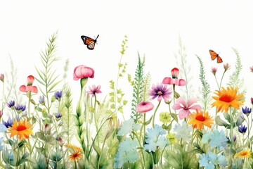 Generative AI : green wild plants and flying butterfly, floral seamless pattern with colorful flowers