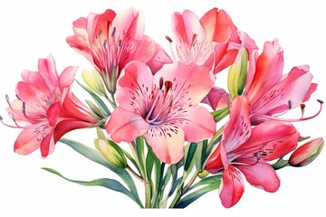 Generative AI : Watercolor set of flowers, hand drawn illustration of alstroemeria