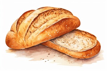 Generative AI : Hand painted watercolor of freshly baked bread isolated on white background. 