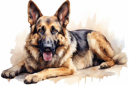 Generative AI : Watercolor illustration of a dog. German shepherd, dog watercolor drawing. pet,