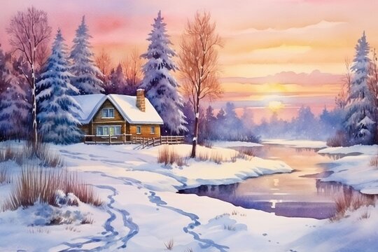 Generative AI : Watercolor Winter Landscape. Beautiful House in the evening.