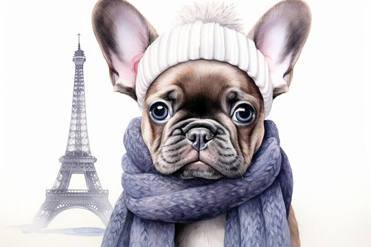 Generative AI : Watercolor French Bulldog Puppy With Cotton Hat