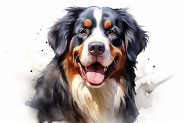Generative AI : Bernese Mountain Dog watercolor portrait painting illustrated dog puppy isolated on white background - obrazy, fototapety, plakaty