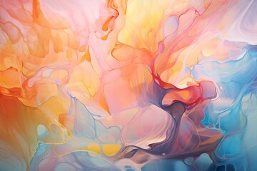 Generative AI : Beautiful abstraction of liquid paints in slow blending flow mixing together gently