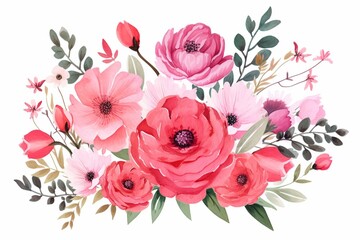 Generative AI : Watercolor floral bouquet - illustration with bright pink vivid flowers. 