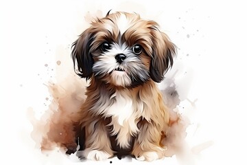 Generative AI : Shih tzu watercolor portrait painting illustrated dog puppy isolated on white background