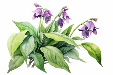 Generative AI : Comfrey plant with leaves and flowers. Watercolor vintage style botanical illustration. - obrazy, fototapety, plakaty