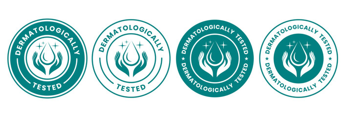Set dermatologically tested vector label with water drop, leaf and hand logo. Dermatology test and dermatologist clinically proven icon for allergy free and healthy safe product package tag. - obrazy, fototapety, plakaty