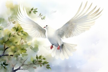 Generative AI : Flying white dove and olive branch watercolor illustration. 