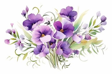 Generative AI : A beautiful bouquet with purple and lilac flowers. Watercolor illustration of delicate freesia flowers