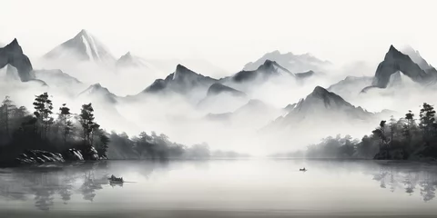 Tuinposter Generative AI : Stylized black ink wash painting of mountains.  © The Little Hut