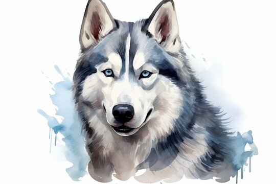Generative AI : Siberian husky watercolor portrait painting illustrated dog puppy