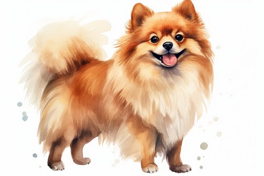 Generative AI : Watercolor Pomeranian dog painting illustration standing isolated
