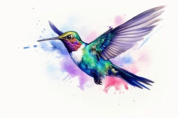 Fotobehang Kolibrie Generative AI : Humming bird isolated in white background, watercolor