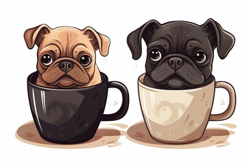 Generative AI : dog french bulldog pug illustration dog coffee cup cartoon