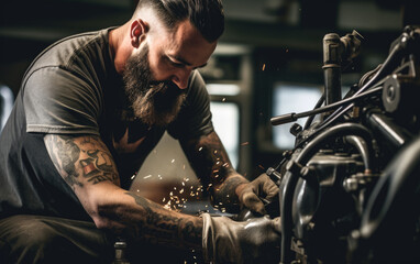 A man repairing a bike in his garage - obrazy, fototapety, plakaty