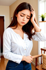 Woman with discomfort and headache with home interior background