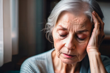 older woman with discomfort and headache with home interior background