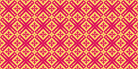 Seamless Chinese window tracery pattern. Repeating stylized red floral motif on yellow background.. Symmetric geometric abstract wallpaper. Trellis motif. Digital paper, textile print. illustration