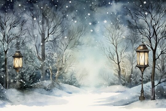 Generative AI : Vintage watercolor greeting card with snow flakes. Cozy countryside winter landscape. 