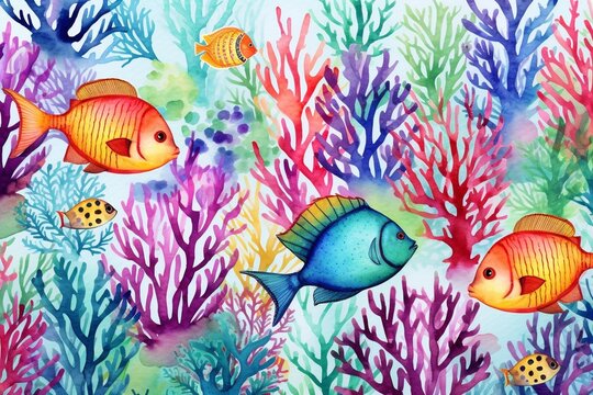 Generative AI : Watercolor style cute vibrant sea life with coral reefs, fish and marine creatures.