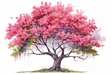Generative AI : watercolor blooming flower tree or forest side view isolated on white background for landscape
