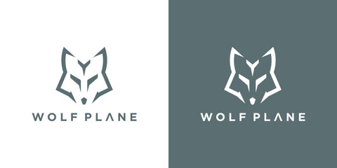 wolf head with plane logo design, vector illustration template, logo with a minimalist style.